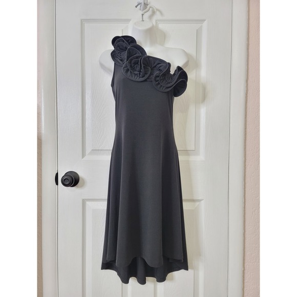 Y2K La-El Couture Black One Shoulder Ruffle Fit & Flare Midi Dress Size Small - Picture 2 of 6